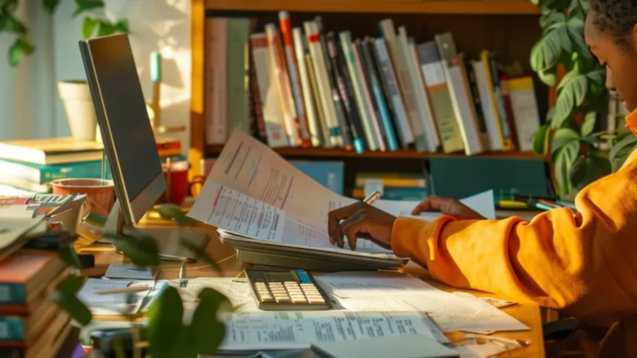 Close up on a plate of mashed potatoes, topped with baked pork chops with cream of mushroom soup, and a side of green beans.